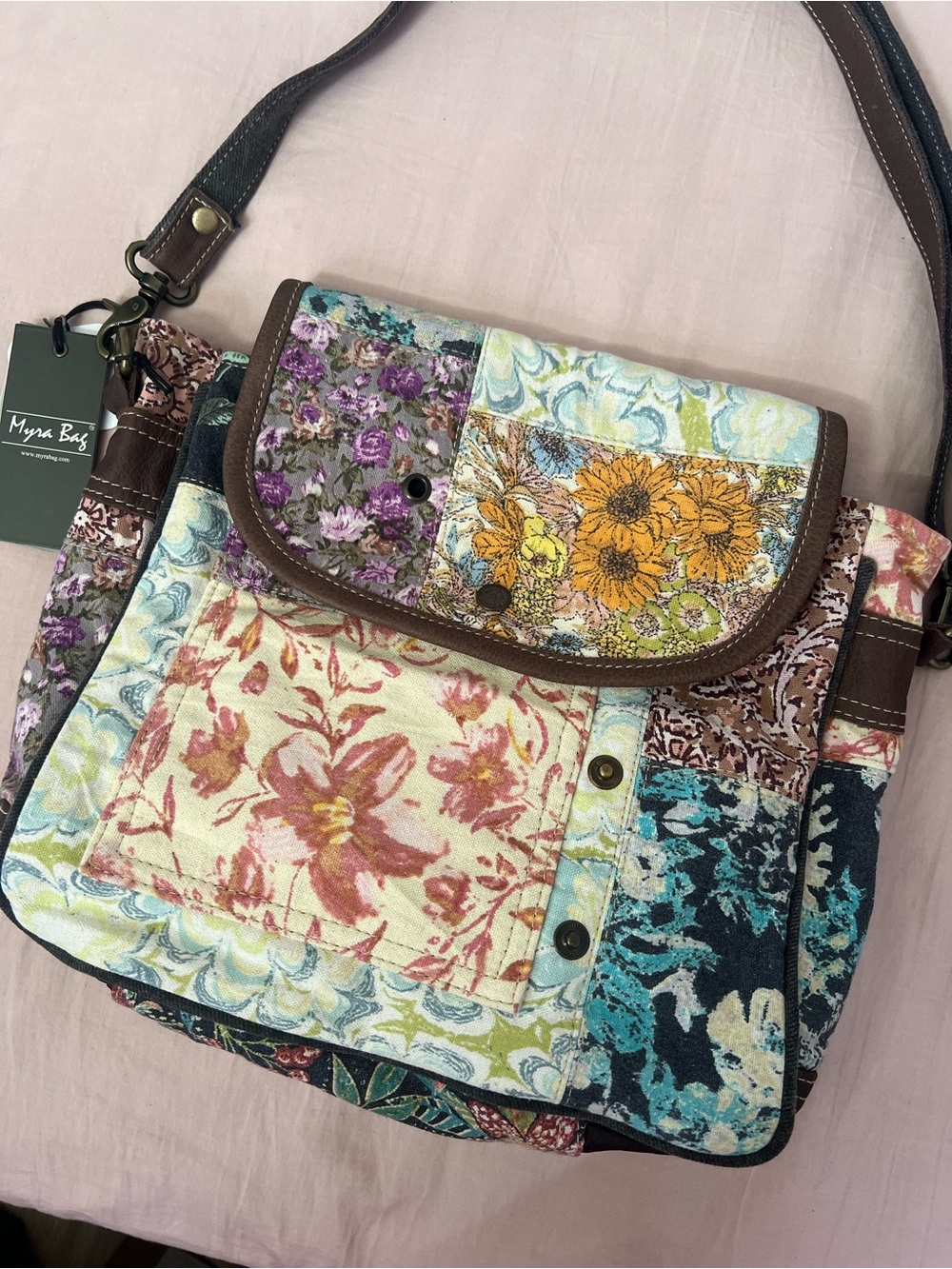 Myra Bag Patchwork Floral Shoulder Bag in Yellow, Purple, Teal and Brown - Picture 4 of 5